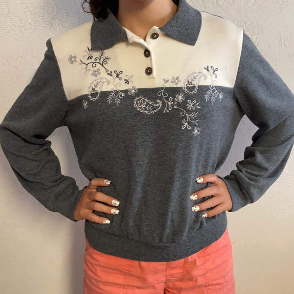 Alfred Dunner Gray Collared 3 Button Long Sleeve